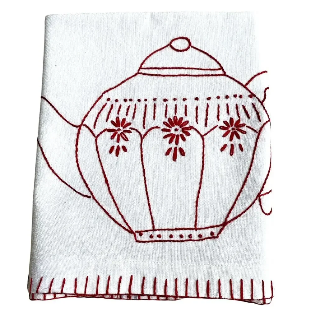 White cotton muslin kitchen tea towel red embroidery finishes country farmhouse